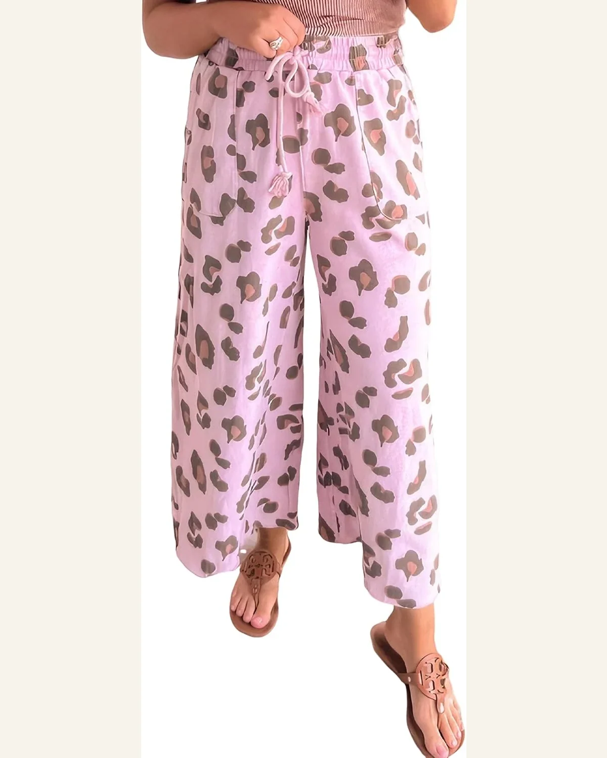 Casual Pink Leopard Print Pants Drawstring Elastic Waist by SELINK