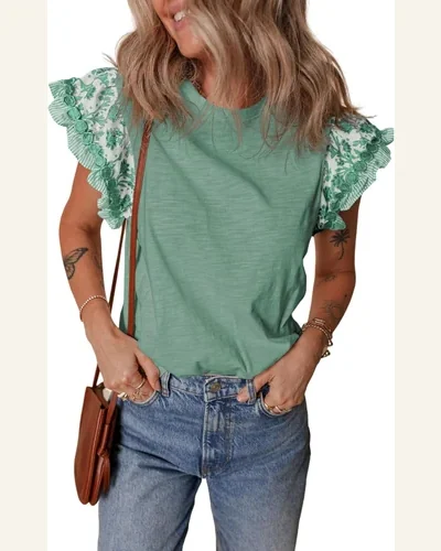 Summer Ruffle Short Sleeve Top Crewneck T Shirts, view 4