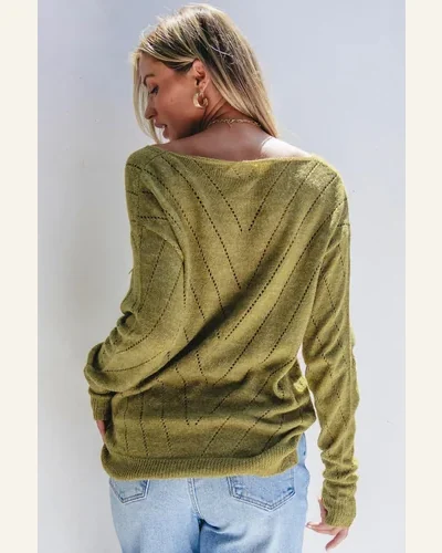 Pullover Sweater Tops Casual Sage Green Solid Eyelet, view 2