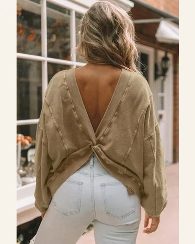 Casual Khaki Exposed Seam Twist Open Back Oversized Sweatshirt, view 2
