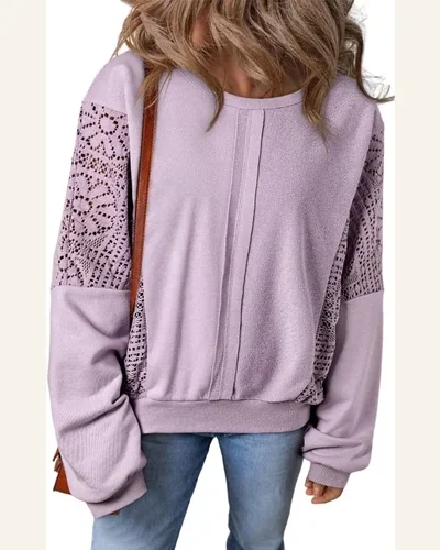 Casual Orchid Petal Knit Crochet Exposed Seam Ribbed Sweatshirt, view 1