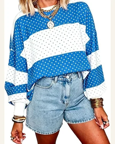 Casual Polka Dot Colorblock Patchwork Long Sleeve Tops, view 1