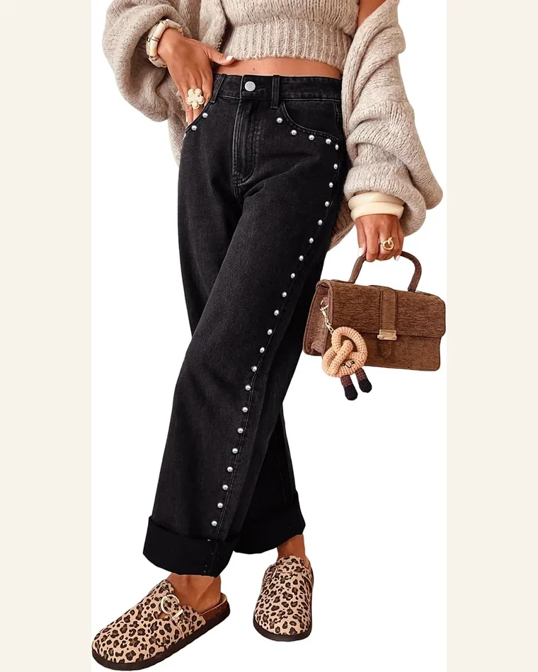 Casual Studded Jeans Straight Wide Leg Pant 4 by SELINK
