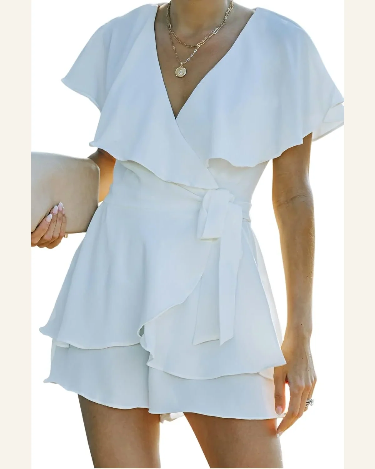 Jumpsuits Short Sleeve White Flounce Open Back Lace-up by SELINK