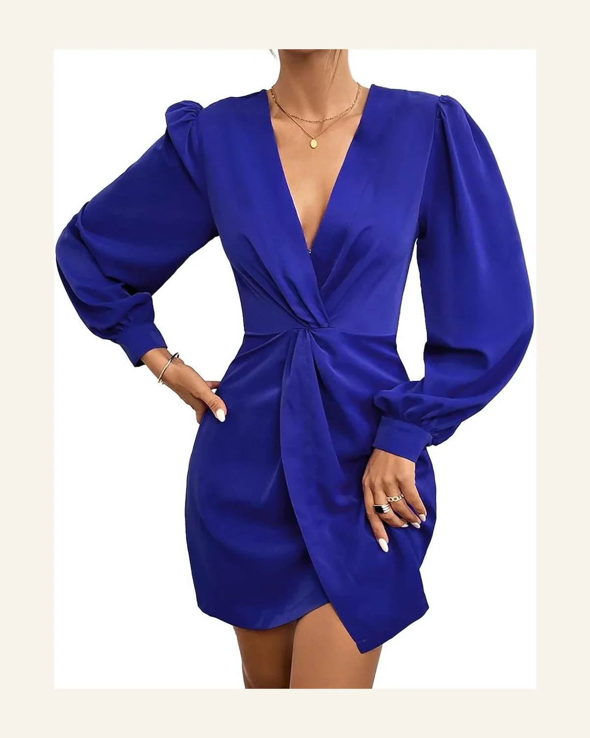 V Neck Lantern Sleeve Ruched Bodycon Slit Wrap Dress by SELINK