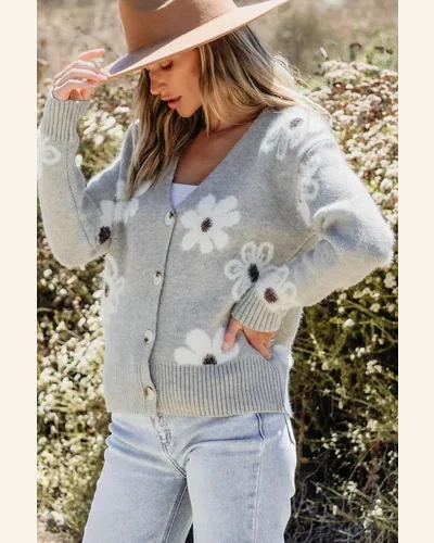 Cardigan Sweater Casual Light Grey Floral Print, view 4