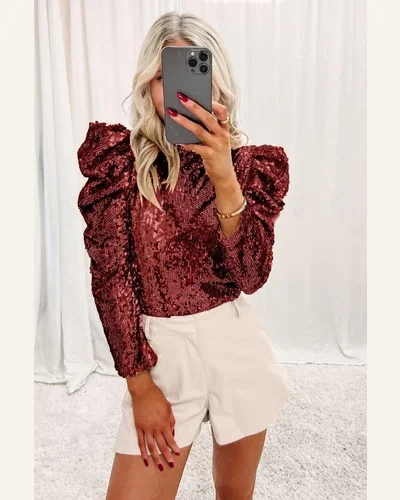 Tunic Tops Casual Burgundy Sequin Mock Neck Bubble, view 2