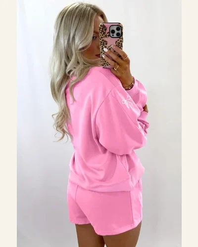 Casual Light Sachet Pink Bow Embroidered Puff Sleeve Sweater, view 3