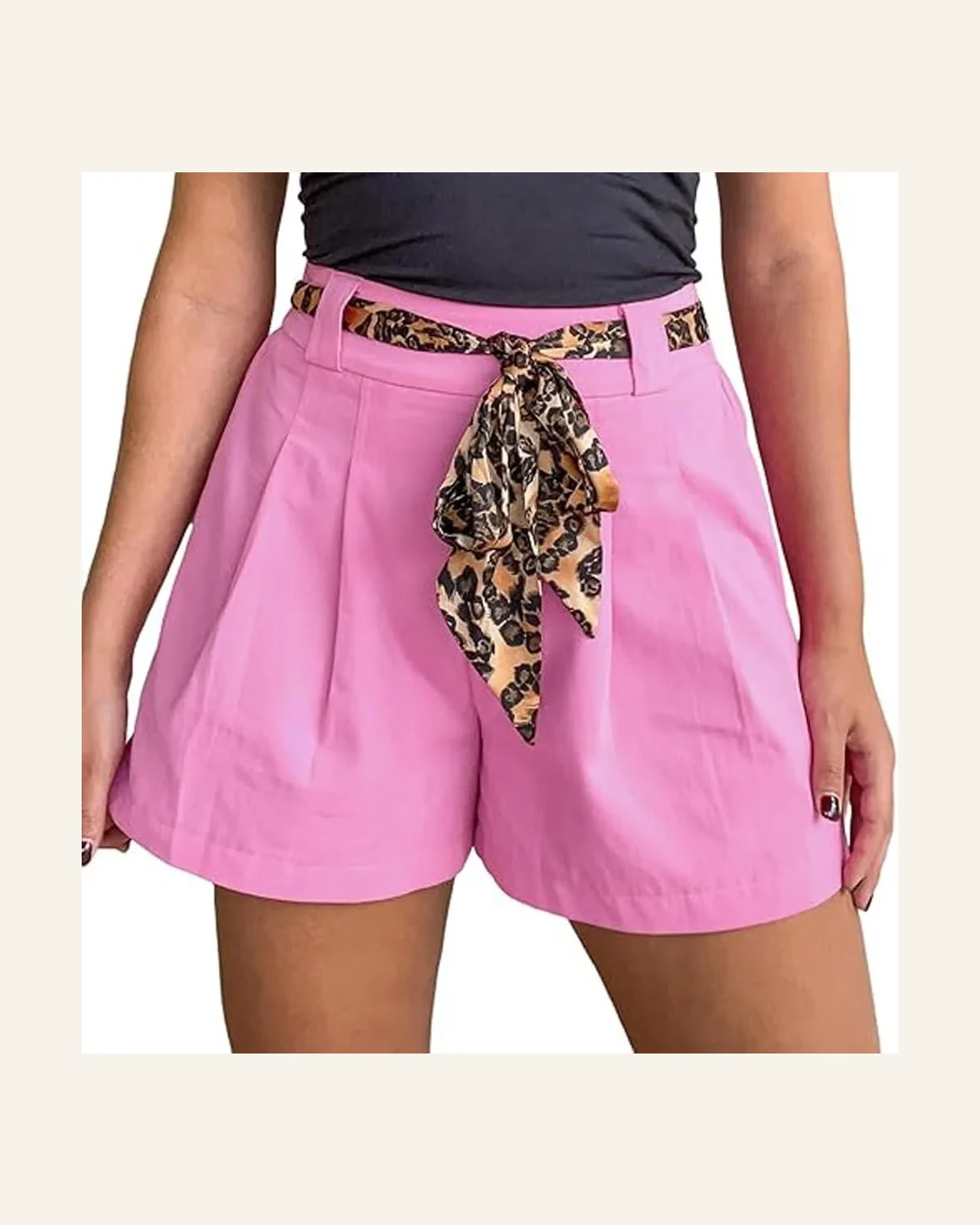 Casual Bright Pink Leopard Contrast Sash Belt Shorts by SELINK