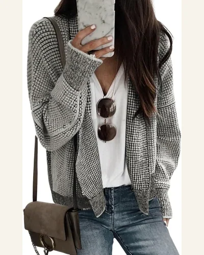 Cardigan Sweater Casual Grey Plaid Contrast Trim Open, view 1