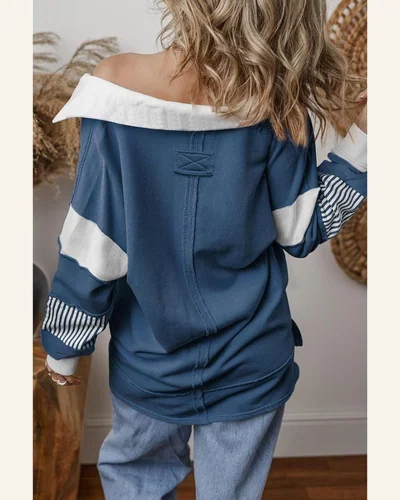 Striped Colorblock Patchwork Sweatshirt Long Sleeve V Neck, view 2
