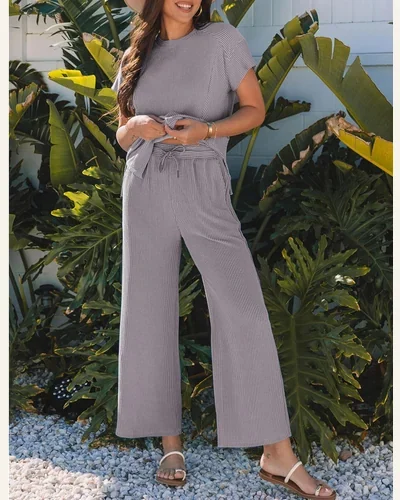 2 Piece Sets Summer Corded Knit Crewneck Pullover, view 3