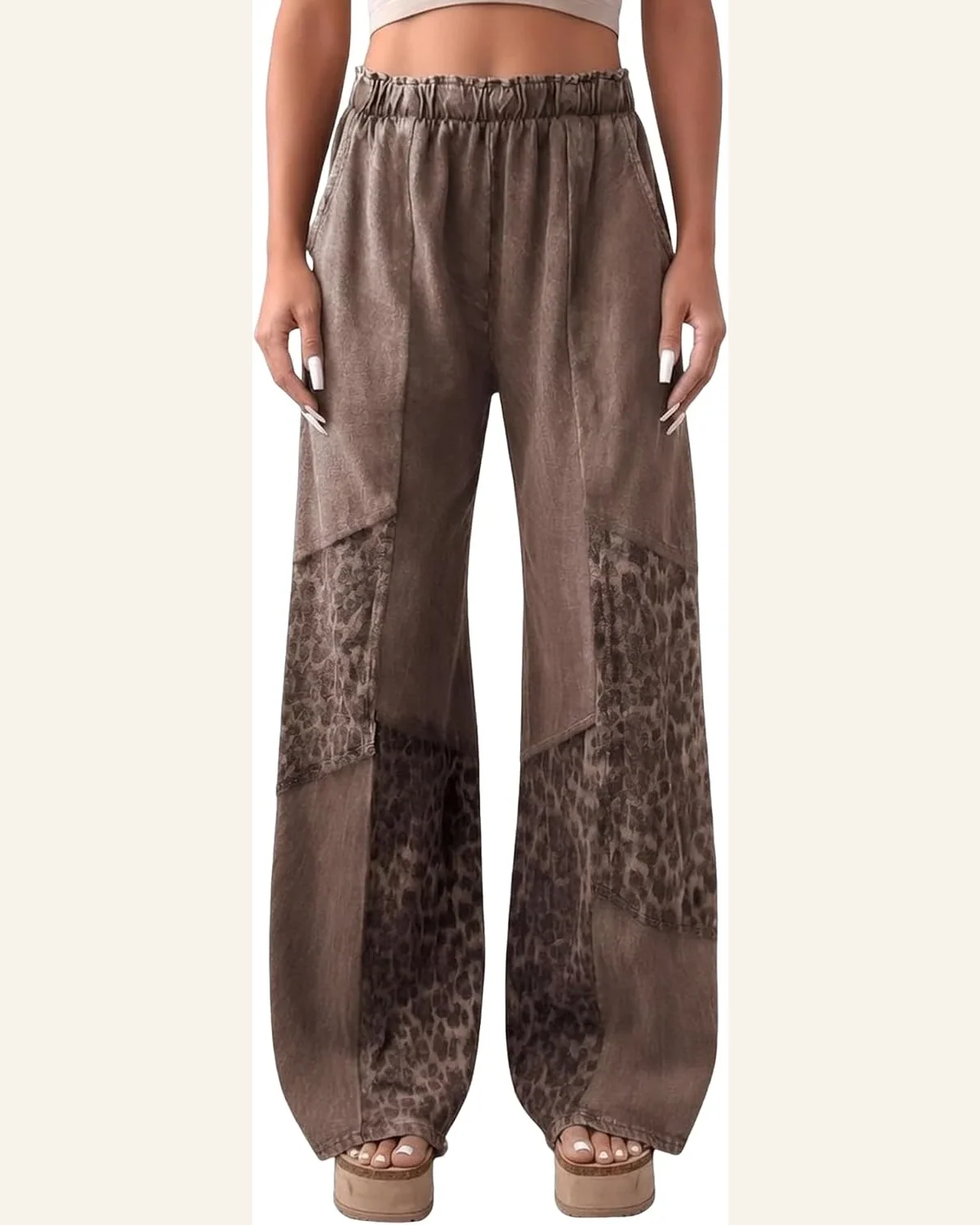 Leopard Patchwork Wide Leg Pants with Pockets by SELINK