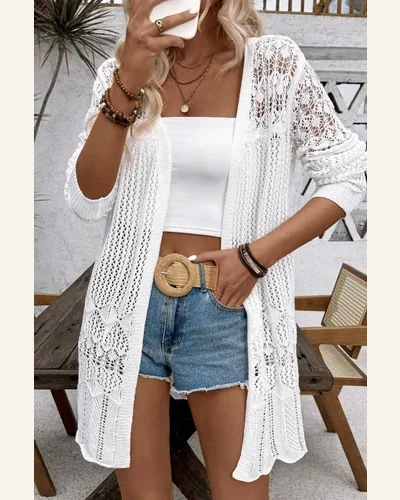 Cardigan Sweater Casual White Crochet Hollow Out Open, view 4
