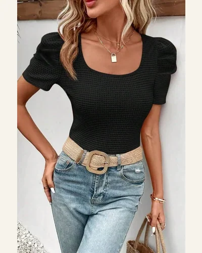 Short Sleeve T Shirt Elegant Black Waffle Knit, view 3