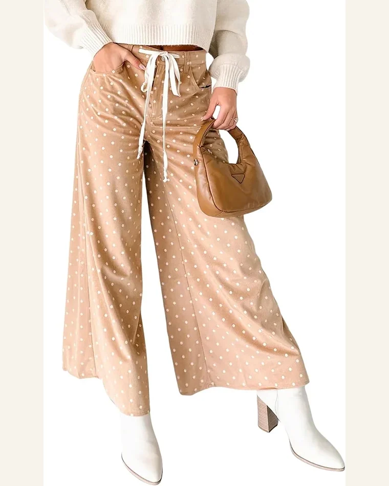 Casual Loose Khaki Polka Dot Pants Drawstring Straight by SELINK