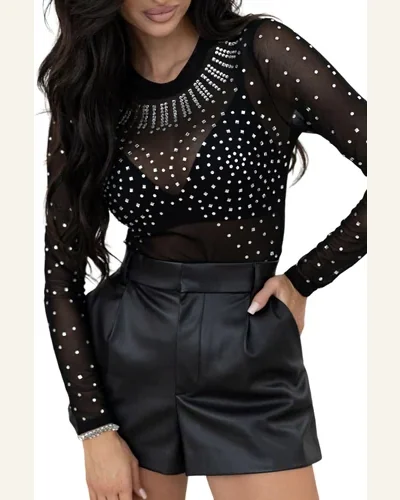 Bodysuit Black Rhinestone Sheer Mesh Long Sleeve Bodysuit, view 1