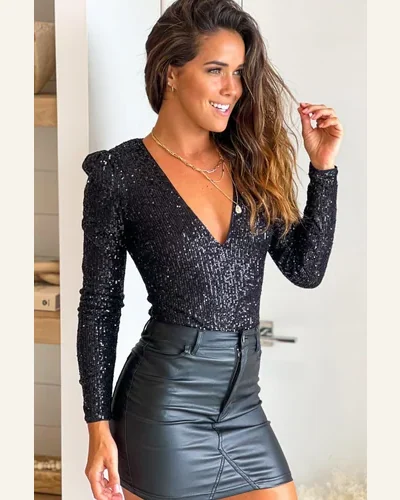 Bodysuit Party Black Sequin V Neck Zipped Long, view 3