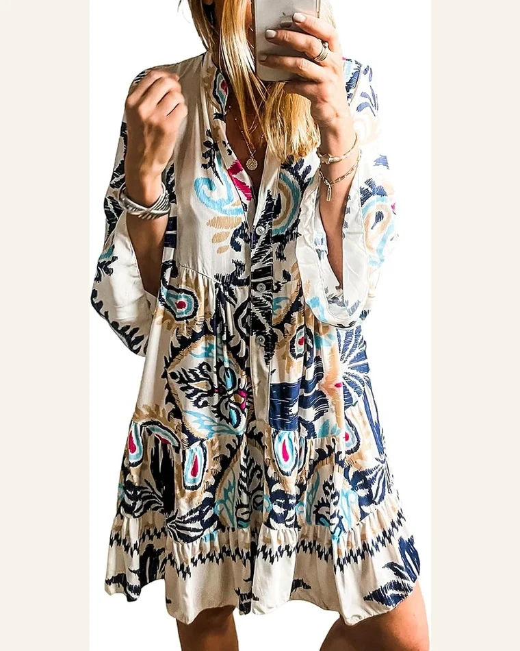 Summer Midi Dress V Neck Tribal Print Bracelet by SELINK