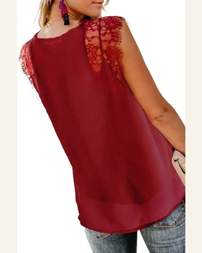 V Neck Sleeveless Lace Tank Tops Loose Chiffon, view 2