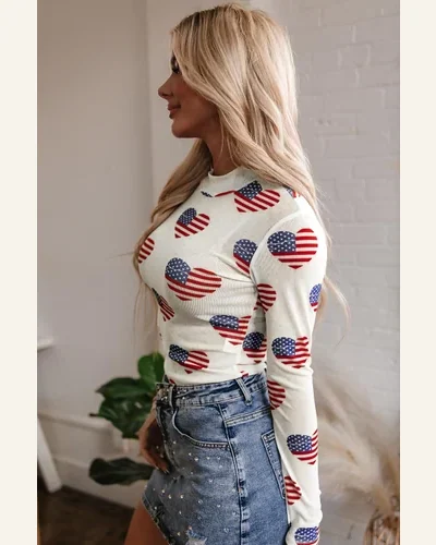 Bodysuit Casual White Americana Glitter Mesh Long Sleeve, view 4