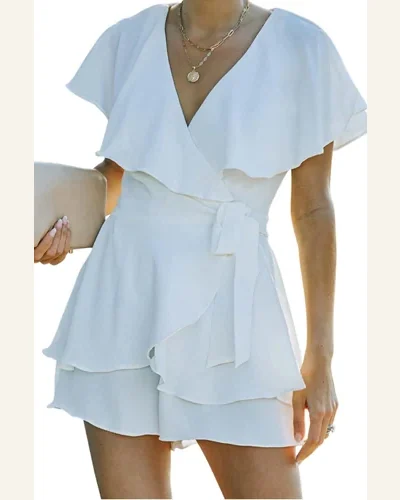 Jumpsuits Short Sleeve White Flounce Open Back Lace-up, view 1
