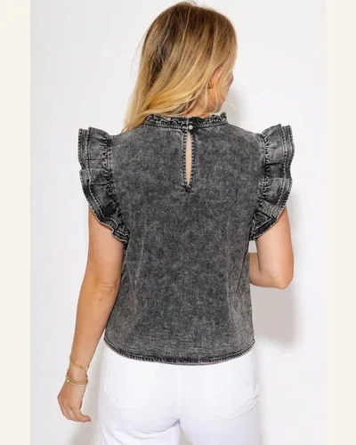Casual Gray Ruffle Pleated Vintage Washed Denim Top, view 2