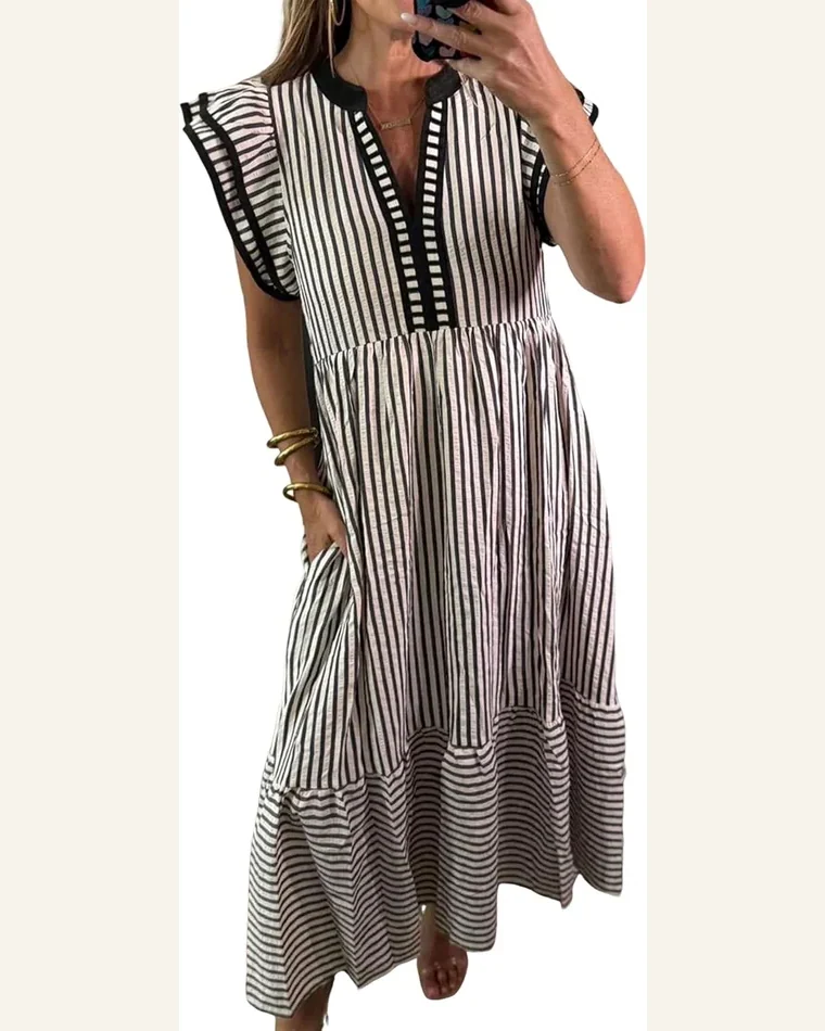 Summer Midi Dresses Casual V Neck Ruffle Short by SELINK