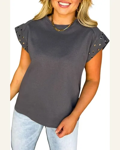 Short Sleeve T Shirt Casual Dark Grey Studded, view 1