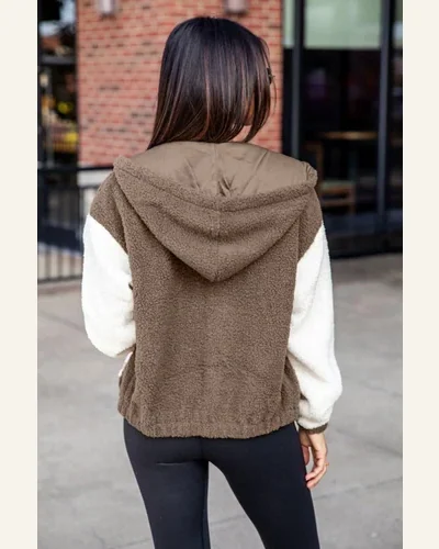 Shacket Jacket Casual Brown Colorblock Hooded Zip-Up Pocketed, view 2