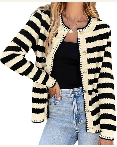 Casual Apricot Stripe Cardigan Sweater Golden Button Cardigan, view 1