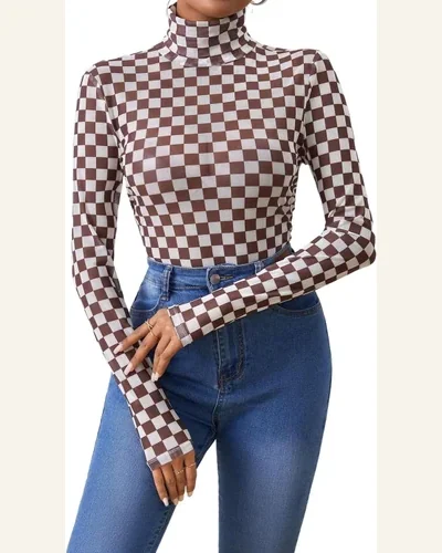 Bodysuit Brown Checkered Printed Long Sleeve High Neck, view 1