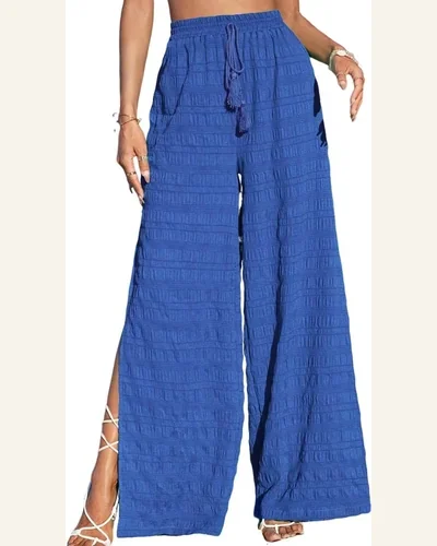 Casual Dark Blue Loose Textured Split Pants High, view 1