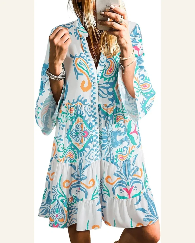 Long Sleeve Dresses Casual V Neck Tribal Mini by SELINK