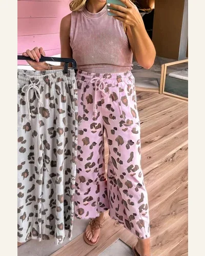 Casual Pink Leopard Print Pants Drawstring Elastic Waist, view 2