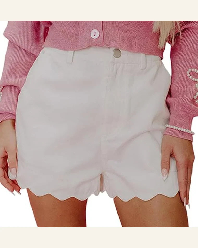 Casual White Scalloped Hemline Acid Wash Denim Shorts by SELINK