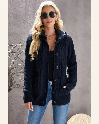 Cardigan Sweater Casual Navy Blue Long Sleeve Button-up, view 3
