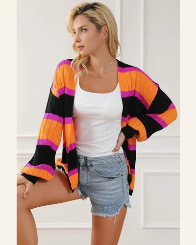 Cardigan Sweater Casual Black Striped Colorblock Drop Shoulder, view 3