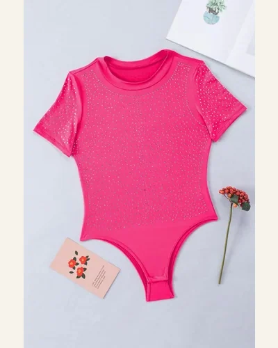 Bodysuit Casual Rose Rhinestone Allover Round Neck Short, view 4
