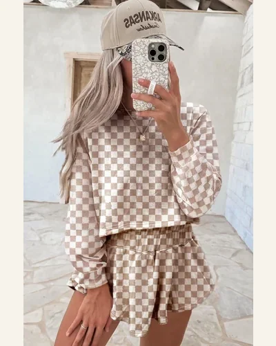 Casual Khaki Checkered Long Sleeve 2 Piece Outfits Set, view 2