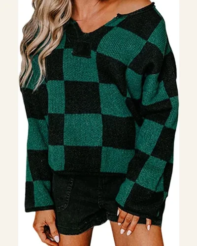 Casual Green Checked Pullover Sweater Tops Notched Neckline, view 1