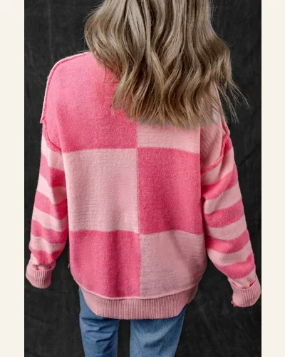 Casual Pink Checkered Colorblock Striped Loose Pullover Sweater, view 2
