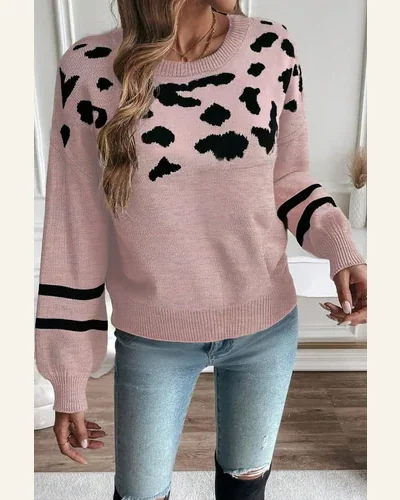 Casual Pink Leopard Striped Pullover Sweater Tops Detail, view 3