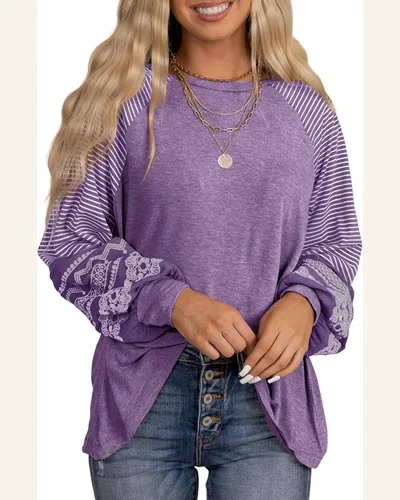 Long Sleeve Tops Striped Colorblock T Shirts Casual, view 1