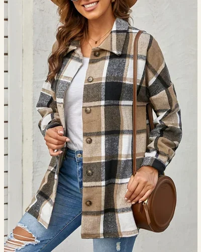 Long Sleeve Flannel Shirts Button Down Shacket Jacket, view 3