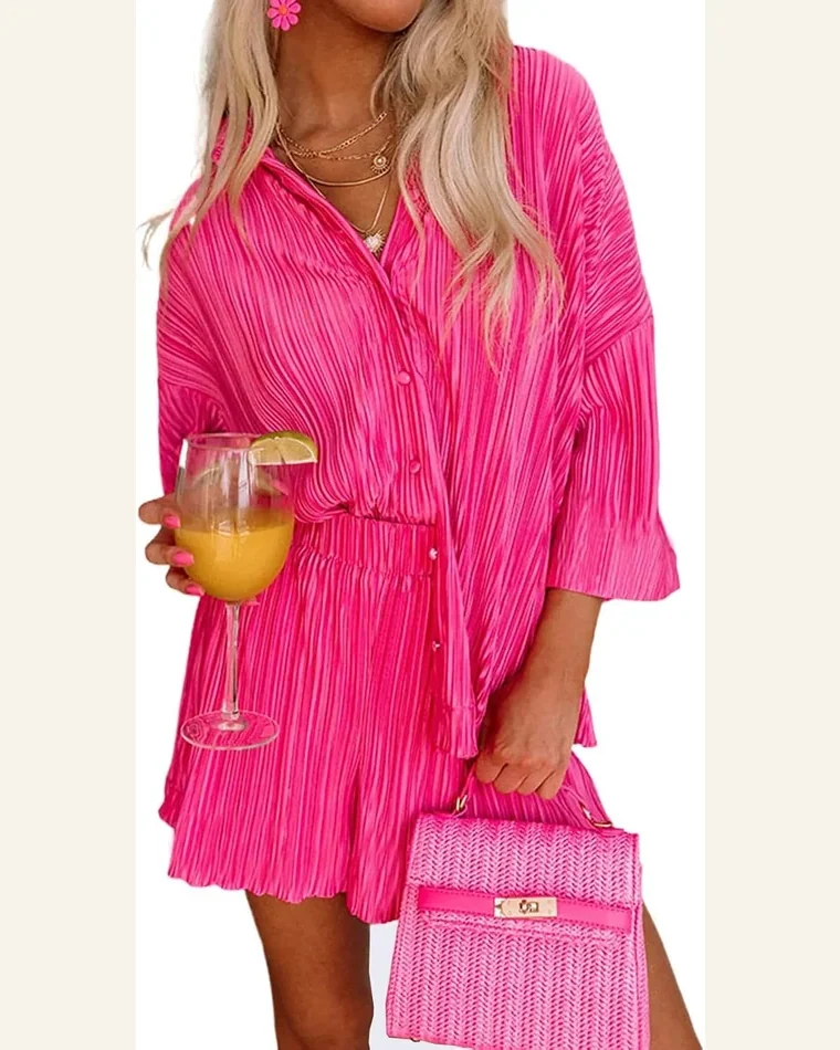 2 Piece Outfits Casual 3/4 Sleeves Pleated Button Set by SELINK
