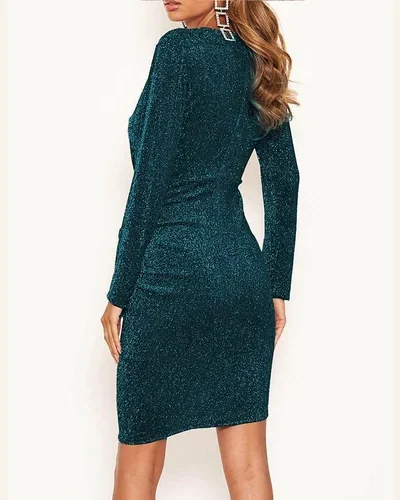 Sparkle Long Sleeve Plunge V Neck Bodycon Dress, view 2