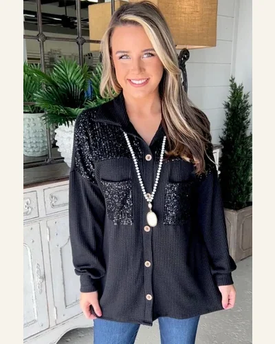 Shacket Jacket Casual Black Sequin Patch Chest Pocket, view 3