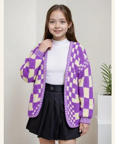 Girls Chunky Plaid Open Front Vintage Cardigan Sweater, view 3