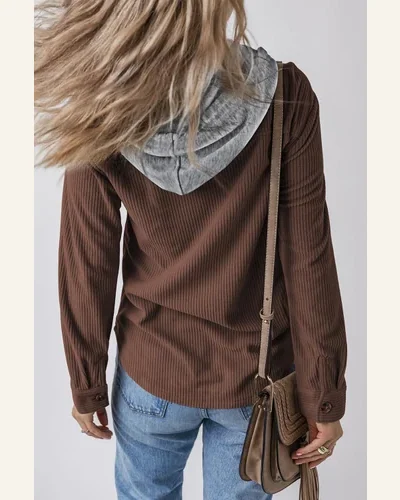Shacket Jacket Casual Hooded Drawstring Pockets Corduroy Shacket, view 2